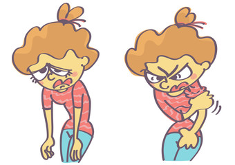 Vector cartoon illustration of tired, sad and mad girl preparing to fight