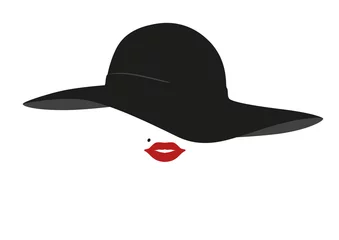 Papier Peint photo Lavable Pour elle Femme - Chapeau - visage - portrait - mode - rouge à lèvres - accessoire - logo