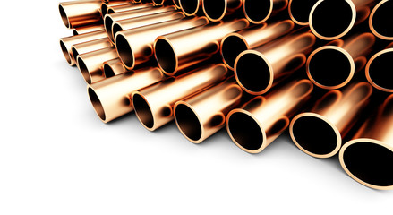 Copper metal pipe on white background. 3d Illustrations