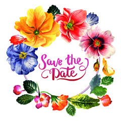 Wildflower Primrose flower wreath in a watercolor style isolated.