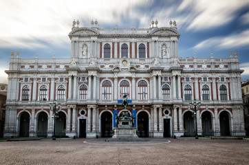 Piazza Carlo Alberto, one of the main squares of Turin (Italy) with Palazzo Carignano, historic baroque palace and first italian parliament