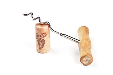 corkscrew and cork isolated on white
