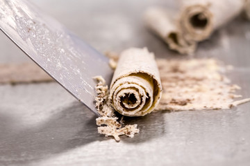 Detail of chocolate bisquit rolled ice cream on cold plate.