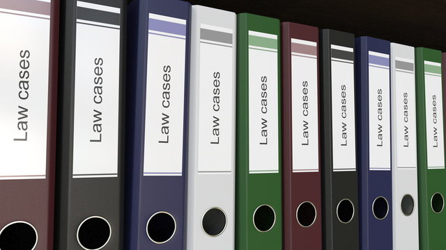 Line of multicolor office binders with Law cases tags 3D rendering