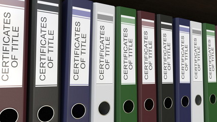 Line of multicolor office binders with Certicicates of title tags 3D rendering