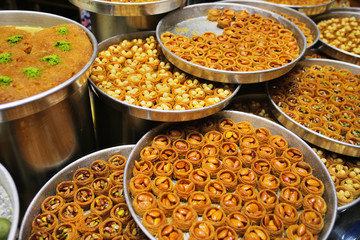 Turkish delightful desserts on marketplace, Istanbul, Turkey.