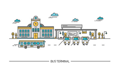 Line art bus terminal, station. Colorful illustration in flat style.
