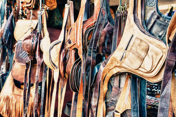 Leather bags in market