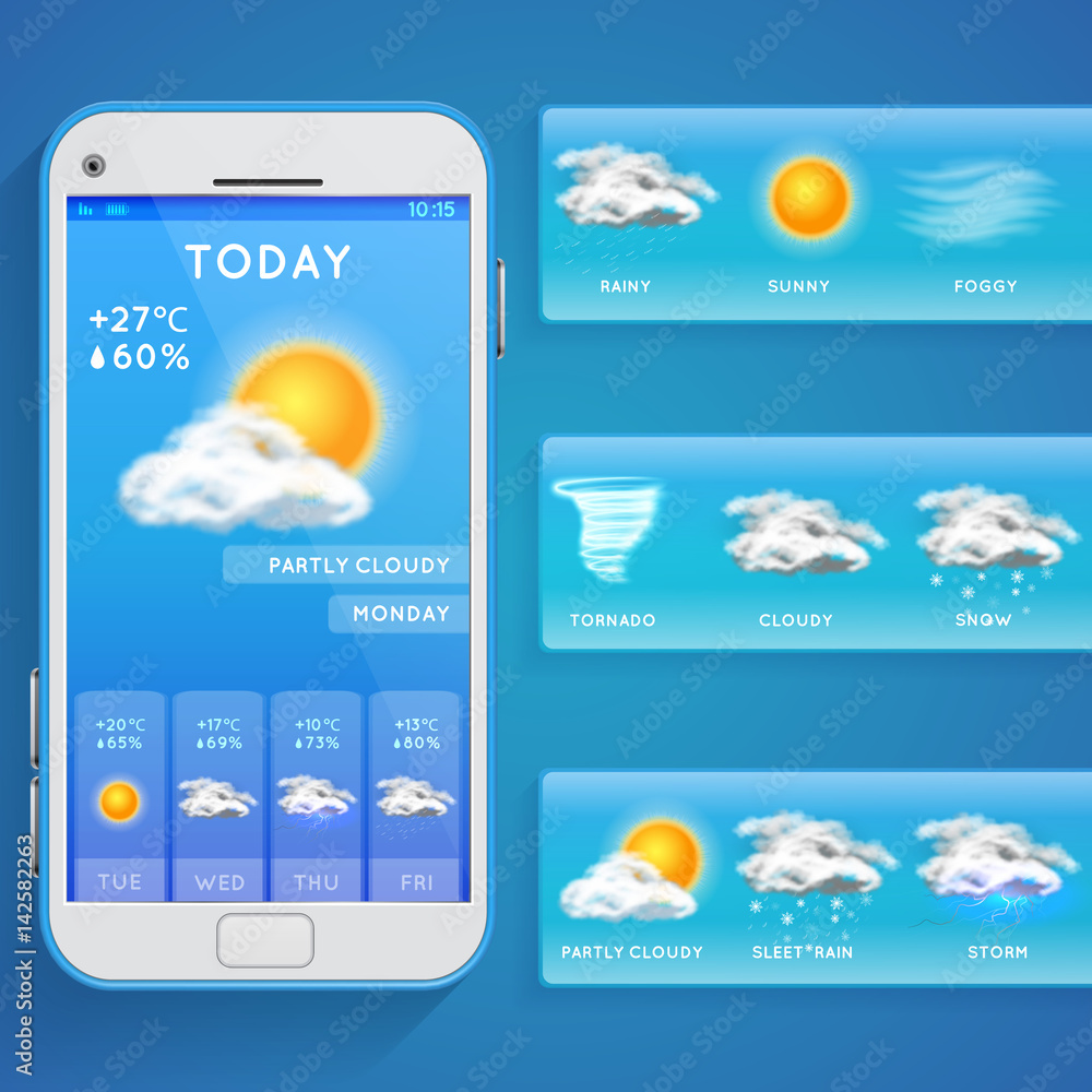 Aufkleber weather forecast app on smartphone screen and realistic vector icons