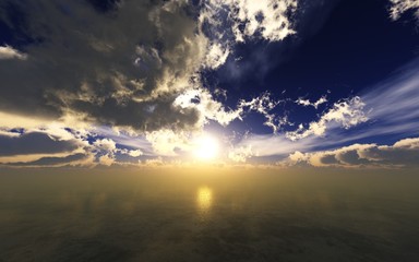 Beautiful sea sunset, clouds and sun above the water, oceanic sunrise, 3d rendering
