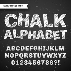 White chalk hand drawing vector alphabet, school font isolated on blackboard - obrazy, fototapety, plakaty