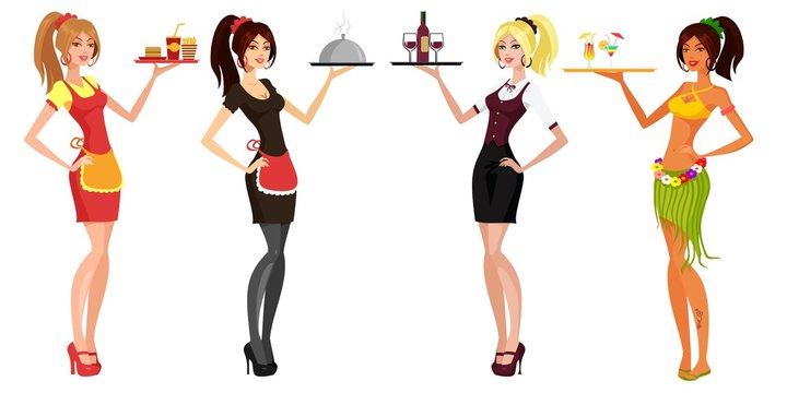 Waitress girls with tray on their hands