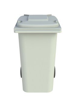 Front view of grey garbage wheelie bin with a closed lid on a white background, 3D rendering