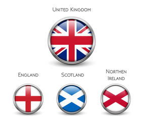 United Kingdom flag -England, Scotland, Ireland. Union Jack. Buttons with metal frame and shadow