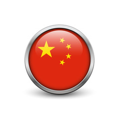 Flag of China, button with metal frame and shadow