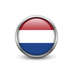 Flag of Netherlands, button with metal frame and shadow