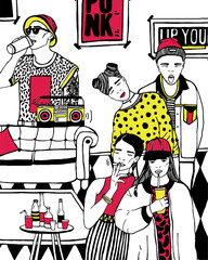 Home party with dancing, drinking young people, music. hand drawn colorful illustration.