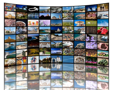 Video wall concept made of a lot of different photos representing LCD or LED TV