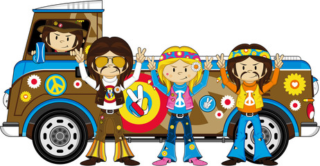 Cartoon Hippies and Pick Up Van - 142585200