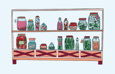 Rack with pickled jars with vegetables, fruits, herbs and berries on shelves, Autumn marinated food. Colorful Illustration.