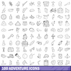 100 adventure icons set, outline style