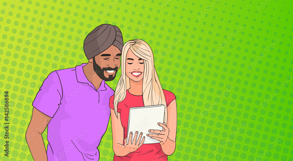 Aufkleber mix race couple using tablet computer chatting online over pop art colorful retro style background v