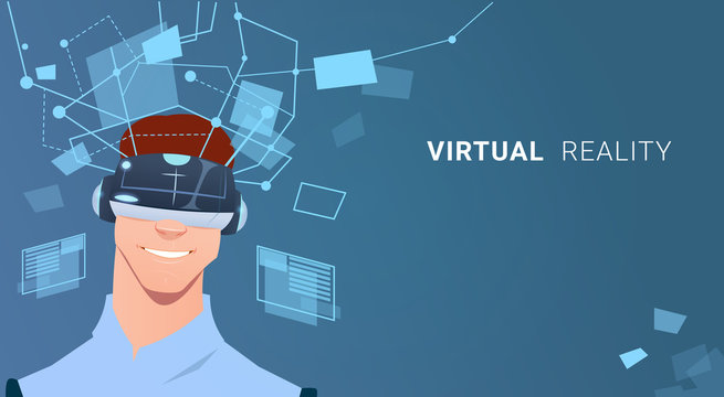 Business Man Wear Virtual Reality Digital Glasses Finance Graph Chart Interface Flat Vector Illustration