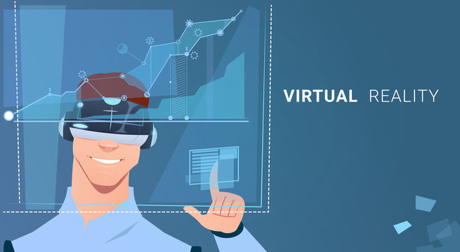 Business Man Wear Virtual Reality Digital Glasses Finance Graph Chart Interface Flat Vector Illustration