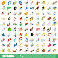 100 coin icons set, isometric 3d style
