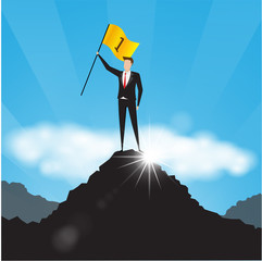 Business characters. Businessman holds a golden flag on top of a mountain. number one. Successful businessman 