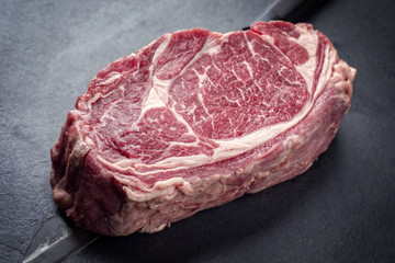Raw dry aged Kobe Rib Eye Steak on Knife
