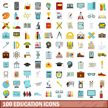 100 education icons set, flat style