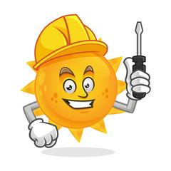 Worker sun mascot wearing hard hat and holding screwdriver, sun character, sun cartoon vector
