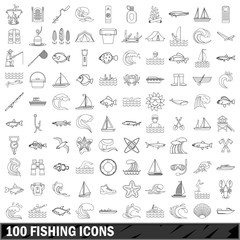 100 fishing icons set, outline style