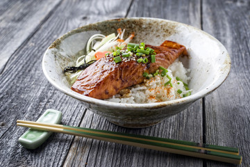 Traditional Japanese Salmon Teriyaki with Rice and Vegetable