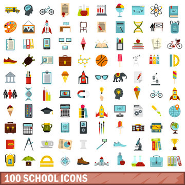 100 school icons set, flat style