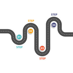Four Steps Winding asphalt road with pin-pointers. Vector EPS 10