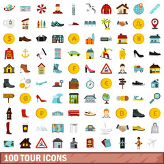 100 tour icons set, flat style