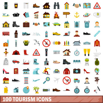 100 tourism icons set, flat style