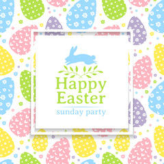 Banner design template on wallparer eggs  for spring Easter. The square frame on pastel background. Invitation with logo for happy easter holiday with rabbit silhouette. Sunday party poster. Vector