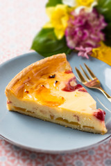 Vanilla Cream Tart Pie Slice with Peach, Pineapple and Cherry