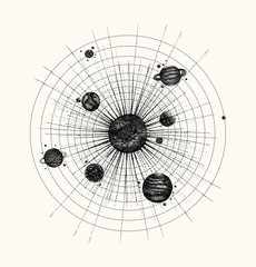 solar system in dotwork style. planets in orbit. vintage hand dr © Good Studio