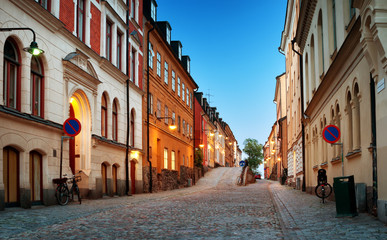 Street in old town Stockholm at night in summer