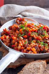 Vegetable stew with eggplants, selective focus