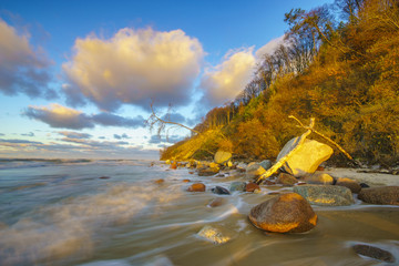 Sunset over the beach and cliffs in Wolinski National Park, Baltic, Poland