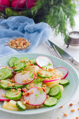 Potato salad with fresh summer vegetables, selective focus.