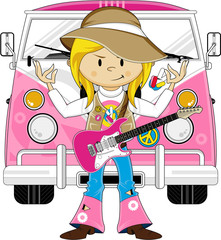 Cartoon Hippie Girl with Guitar - 142593243