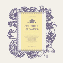 Beautiful Flowers - monochromatic hand drawn square banner.