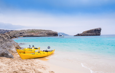 Fototapeta na wymiar Comino beach on the coast of Blue Lagoon island of Malta