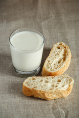 Glass of milk with fresh bread